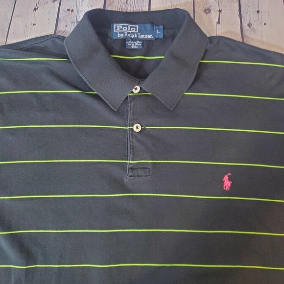 Polo Ralph Lauren Large Black Green Striped Polo Shirt Pima Cotton‎ Short Sleeve - Picture 1 of 9